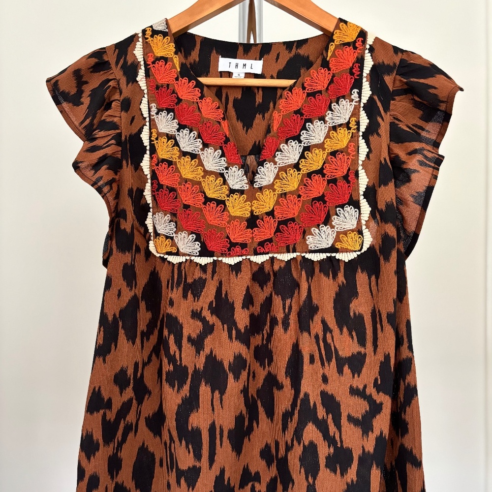 THML Women's Size S Leopard Print Babydoll Top with Embroidered Detail